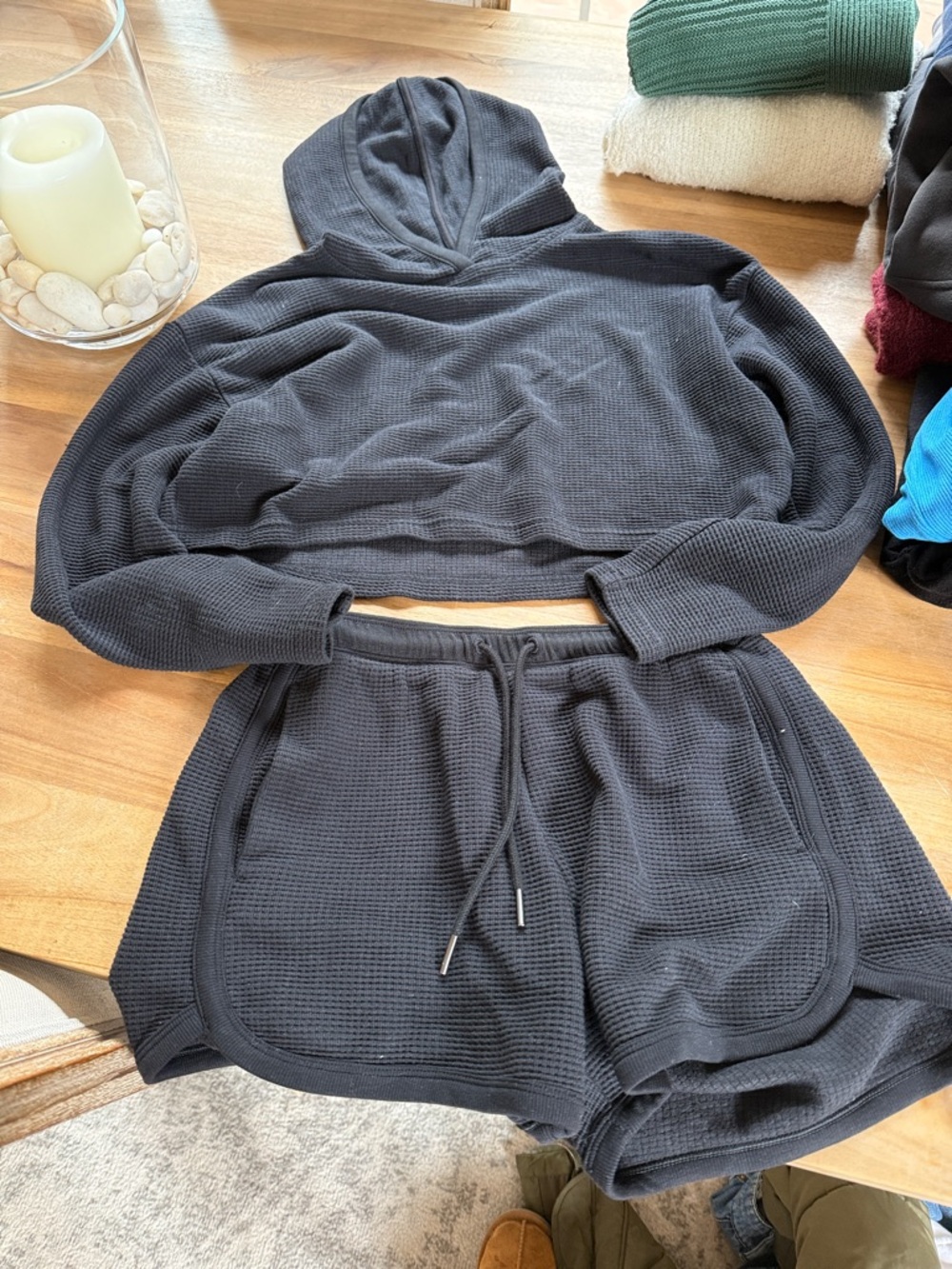 Athleta Black Waffle Knit Hoodie & Drawstring Shorts Set